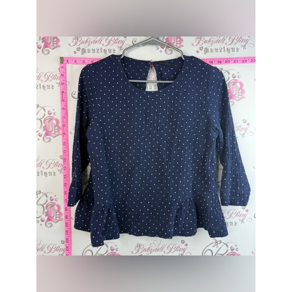 FRNCH shirt dotted blue white Navy Blue Long Sleeve Peplum Top with White Dots